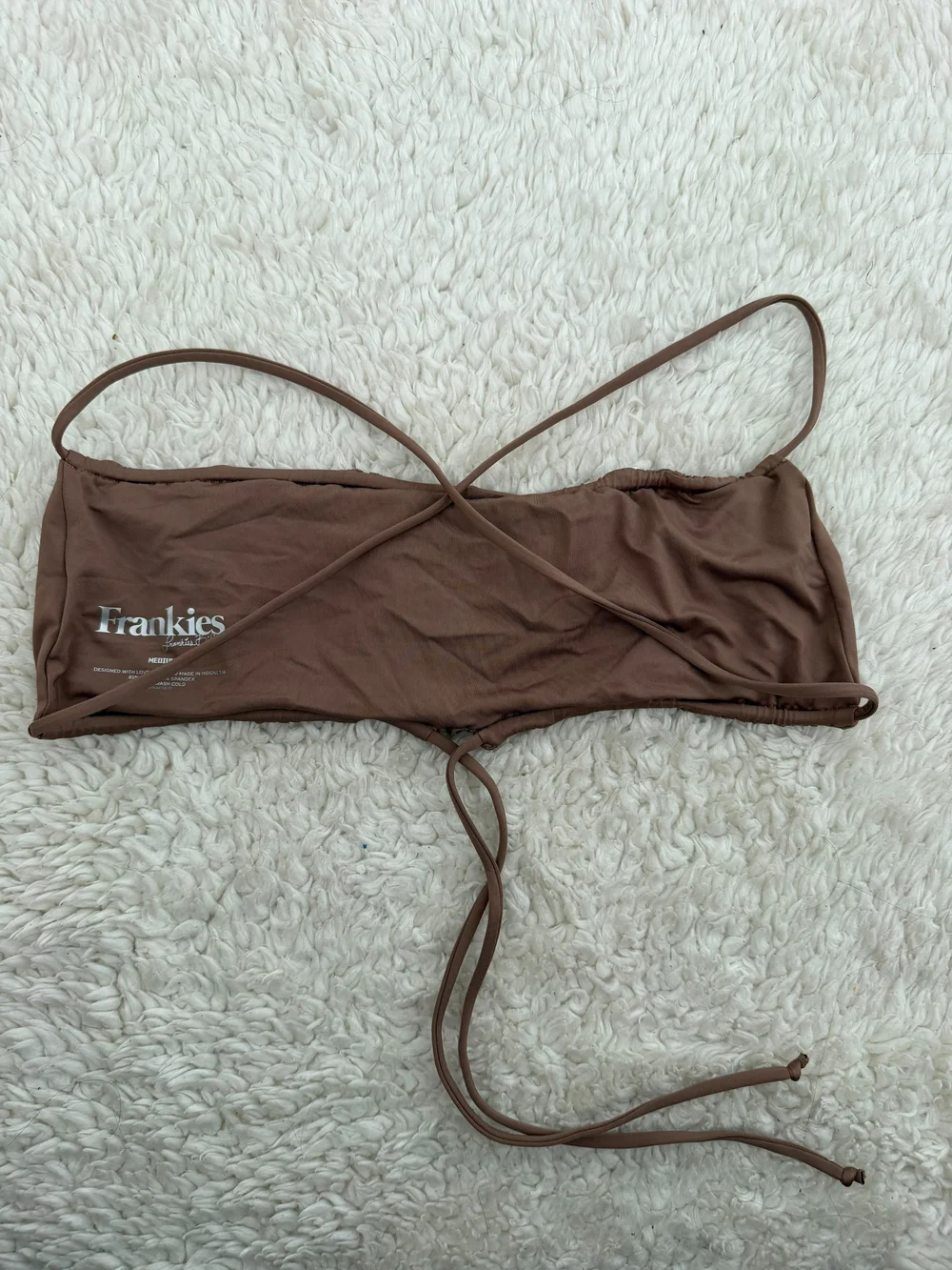 Frankies Bikinis brown ruched bikini top tie back Sz Medium Nylon Summer Luxury